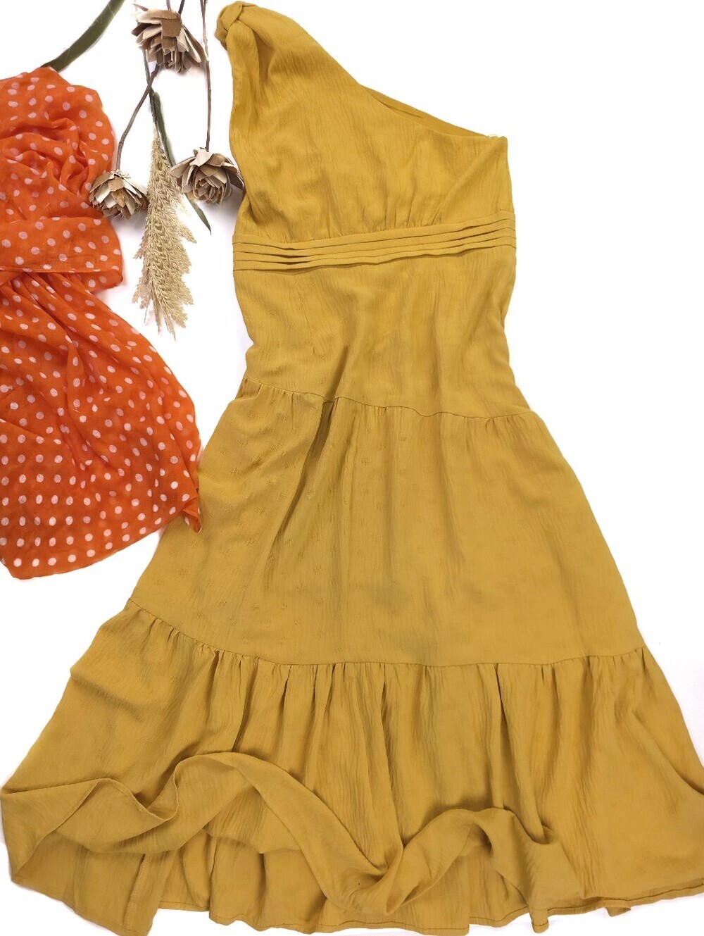 Entro One-Shoulder Mustard Yellow Tiered Dress Sz L